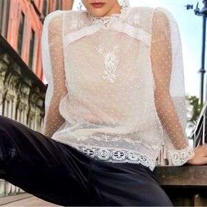 Zara Elena Plumeria Swiss Dot Embroidered Crochet Ruffled Sheer Blouse N…